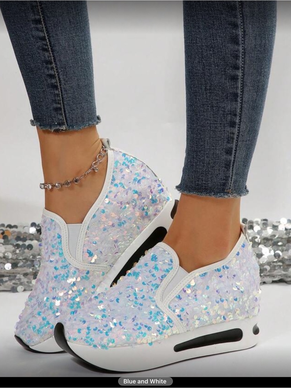 NWOT Sequin Slip-On Platform Sneakers - Iridescent White